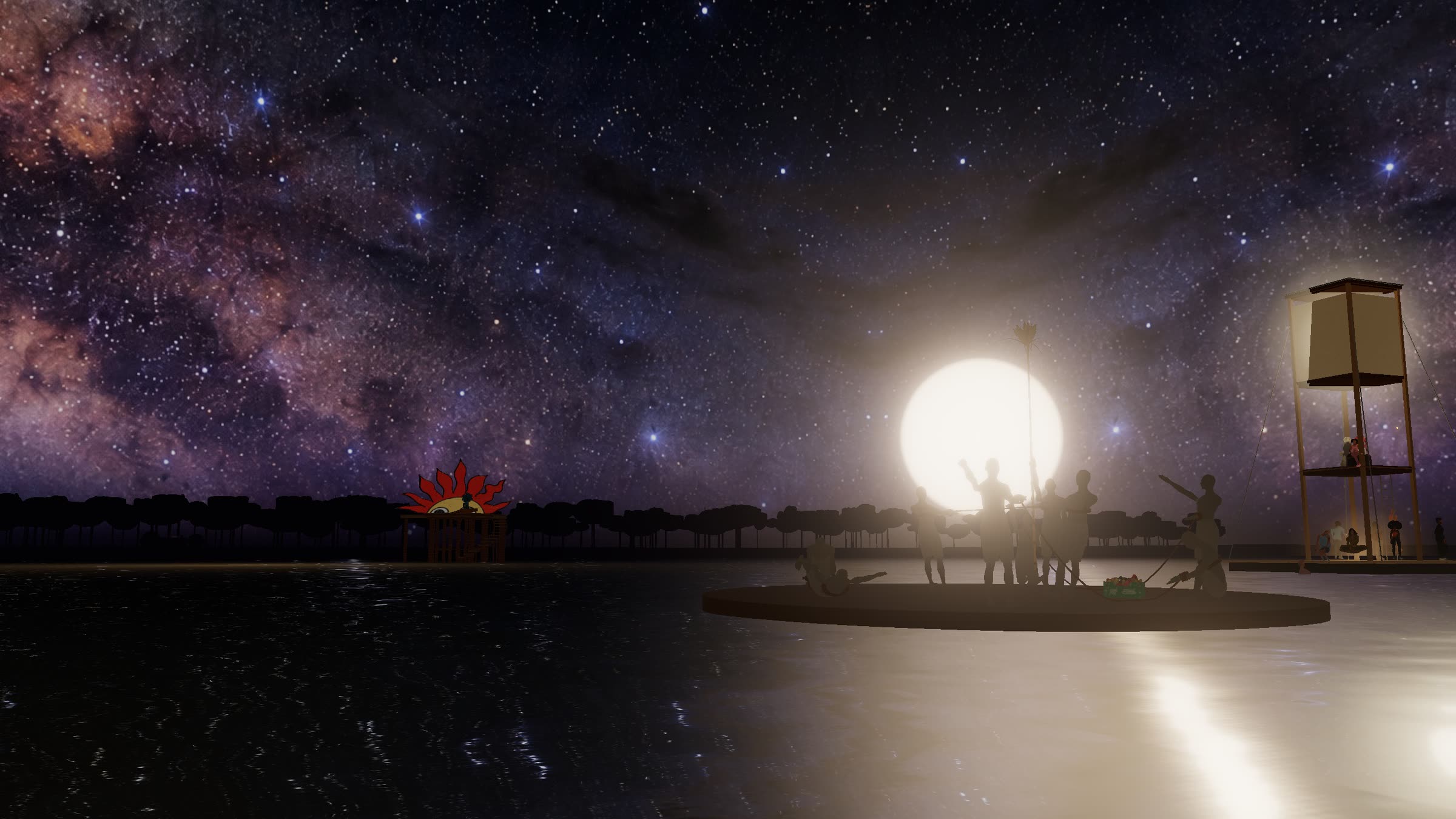 Two people bound together with rope on a raft on the lake at Waking Life, the moon behind them.